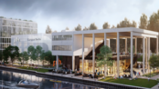 Moderne Architektur des SRH Campus Berlin, mit einem großen, lichtdurchfluteten Gebäude und einer Terrasse am Wasser. Bäume und eine Uferpromenade umgeben das Gelände, während Boote auf dem Wasser fahren.