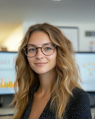 Junge Frau mit Brille lächelt vor mehreren Monitoren, die Diagramme und Grafiken anzeigen.
