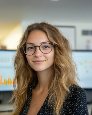 Young woman with glasses smiles in front of several monitors displaying charts and graphs.