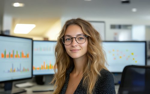 Young woman with glasses smiles in front of several monitors displaying charts and graphs.
