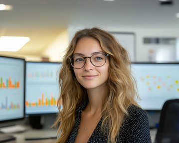 Junge Frau mit Brille lächelt vor mehreren Monitoren, die Diagramme und Grafiken anzeigen.