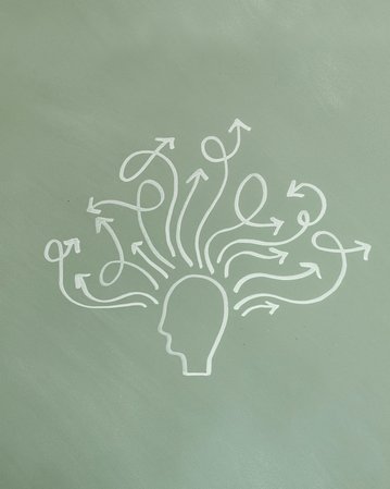 Grafik eines Kopfes mit mehreren Pfeilen, die in verschiedene Richtungen zeigen, symbolisiert Gedanken oder Ideenfluss.