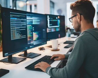 Ein Mann sitzt an einem Schreibtisch und arbeitet an mehreren Monitoren, die Programmiercode anzeigen. Er trägt eine graue Kapuzenjacke und eine Brille, während eine Tasse Kaffee neben ihm steht.