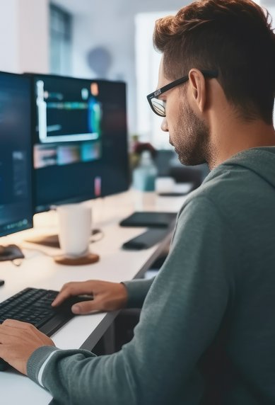 Ein Mann sitzt an einem Schreibtisch und arbeitet an mehreren Monitoren, die Programmiercode anzeigen. Er trägt eine graue Kapuzenjacke und eine Brille, während eine Tasse Kaffee neben ihm steht.