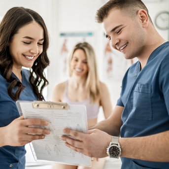 Zwei medizinische Fachkräfte in blauen Kitteln betrachten gemeinsam ein Clipboard, während eine dritte Person im Hintergrund lächelt.