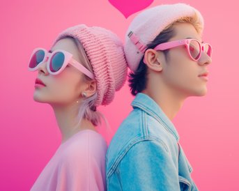 Two people stand back to back against a pink background. Both are wearing sunglasses and pastel-colored hats.