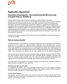 Application agreement for the Germany Scholarship at SRH University Heidelberg, including data protection regulations and participation conditions.