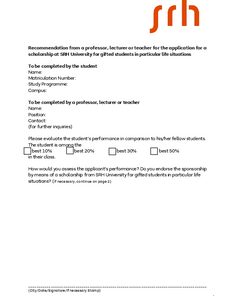 Recommendation form for a scholarship at SRH University, completed by a student and a professor or teacher.