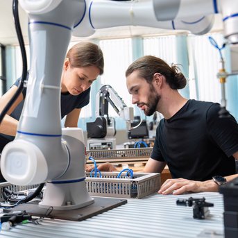 Two people are working at a table with a robotic arm and technical devices as they collaborate on a project.