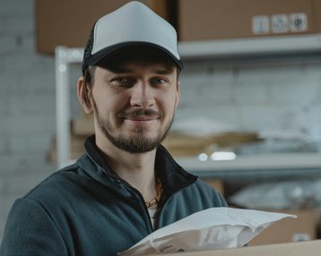 Kategorie Logistik Supply Chain SRH University Ein Mann mit einem Lächeln hält einen Karton in den Händen, während er in einem Lager steht. Im Hintergrund sind weitere Kartons und Verpackungsmaterialien sichtbar.