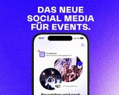 Neues Social-Media-Interface für Events auf einem Smartphone, mit Text über Ticketgewinne und Event-Teilnahme.