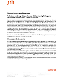 Bewerbungsvereinbarung für ein Stipendium der SRH Hochschule Heidelberg, einschließlich Datenschutzinformationen und Teilnahmebedingungen für begabte Studierende in besonderen Lebenssituationen.