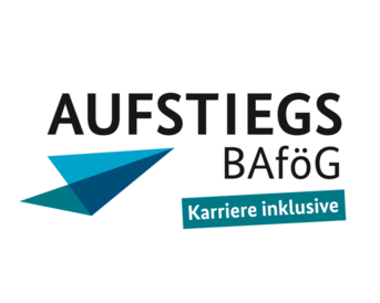 Logo für das Aufstiegs-BAföG mit dem Slogan "Karriere inklusive". Es zeigt eine stilisierte, blaue Grafik.