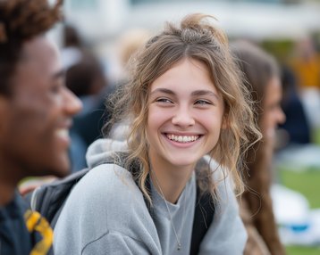 Zwei Jugendliche sitzen nebeneinander im Freien, lächeln und unterhalten sich. Die Atmosphäre wirkt entspannt und freundlich.