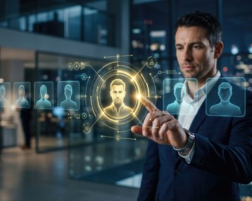 Ein Mann in Anzug interagiert mit holografischen Benutzerprofilen in einem modernen Büro mit Stadtansicht im Hintergrund.