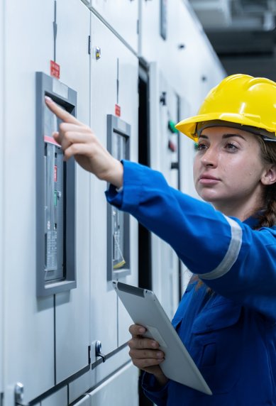 Eine Person in einem blauen Arbeitsanzug und einem gelben Helm zeigt auf ein Bedienfeld in einem technischen Raum. Sie hält ein Tablet in der Hand.