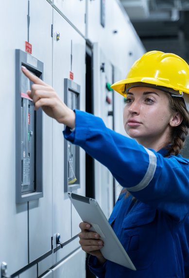 A person in a blue work suit and a yellow helmet is pointing at a control panel in a technical room. They are holding a tablet in their hand.