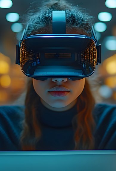 A person is wearing a virtual reality headset and looking at a laptop. The background features blurred shelves illuminated by warm light, creating a futuristic atmosphere.