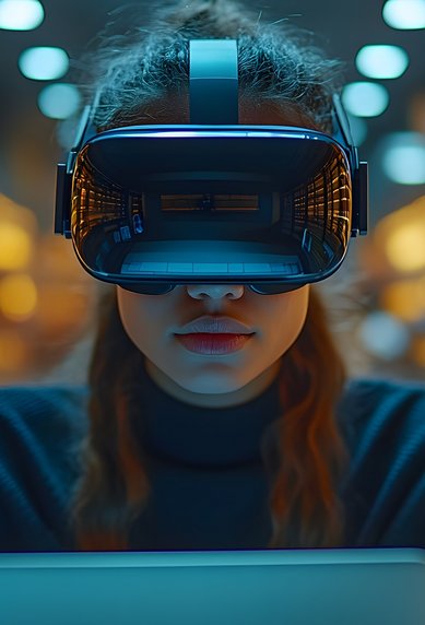 Eine Person trägt eine Virtual-Reality-Brille und schaut auf einen Laptop. Der Hintergrund zeigt unscharfe Regale mit warmem Licht, was eine futuristische Atmosphäre schafft.