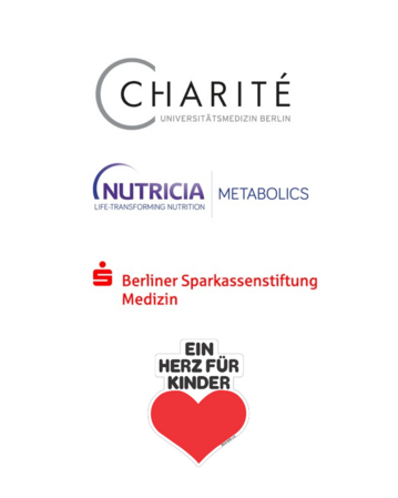 Logos von Charité, Nutricia und der Berliner Sparkassenstiftung Medizin, sowie das Herz-Symbol mit dem Text "Ein Herz für Kinder".
