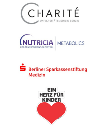 Logos von Charité, Nutricia und der Berliner Sparkassenstiftung Medizin, sowie das Herz-Symbol mit dem Text "Ein Herz für Kinder".