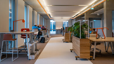 A modern office space with several workstations, large windows, and plants. Some people are working at desks, while orange lamps provide lighting. The room has a bright and inviting atmosphere.