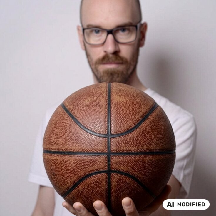 Ein Mann mit Brille hält einen Basketball in der Hand, der direkt in die Kamera gerichtet ist.