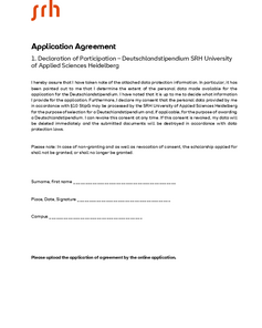 Antragsvereinbarung für das Deutschlandstipendium der SRH Hochschule Heidelberg, einschließlich Datenschutzinformationen und Unterschriftsfeld.