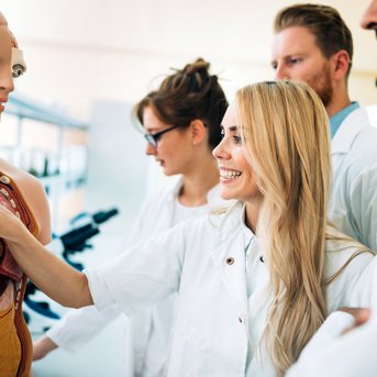 Eine Gruppe von vier Personen in Laborkleidung betrachtet ein anatomisches Modell des menschlichen Körpers. Eine Person zeigt auf das Modell, während die anderen aufmerksam zuschauen.