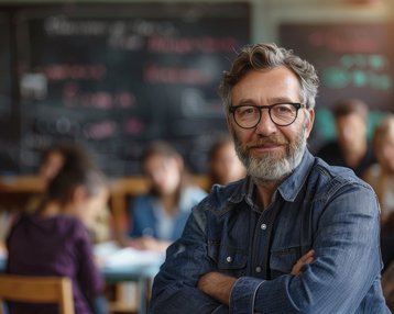 Ein Lehrer mit Brille und grauem Bart steht in einem Klassenzimmer, während Schüler im Hintergrund an ihren Tischen arbeiten. Die Wände sind mit Tafelbeschriftungen und Diagrammen bedeckt.