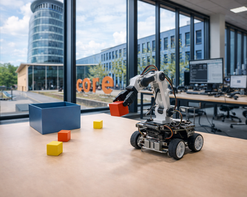 Ein Roboterarm auf einem fahrbaren Chassis hebt einen roten Block über einem blauen Behälter, umgeben von bunten Würfeln in einem modernen Büro.