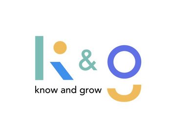 Ein modernes Logo mit den Buchstaben "K" und "G", begleitet von geometrischen Formen in verschiedenen Farben. Darunter steht der Slogan "know and grow".