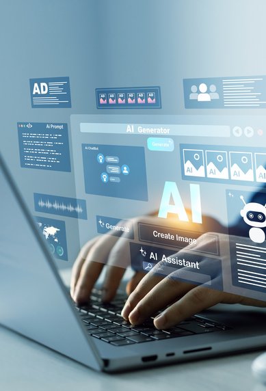 A person is typing on a laptop keyboard while holographic displays of AI tools and features are visible.