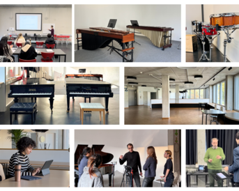 A music room with various instruments, including pianos, drums, and vibraphones, as well as groups of people rehearsing and taking lessons.