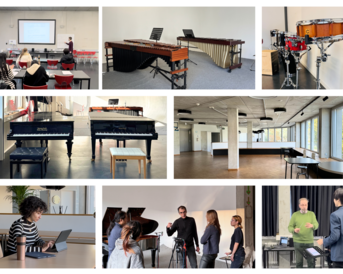 A music room with various instruments, including pianos, drums, and vibraphones, as well as groups of people rehearsing and taking lessons.