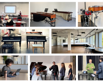 A music room with various instruments, including pianos, drums, and vibraphones, as well as groups of people rehearsing and taking lessons.