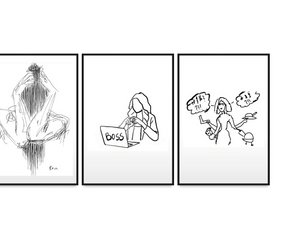 Three illustrations: One person is sitting thoughtfully, a woman is working on a laptop with the word 'BOSS' on it, and another woman is pointing in surprise at two objects.