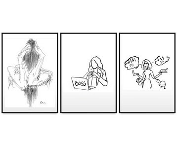 Three illustrations: One person is sitting thoughtfully, a woman is working on a laptop with the word 'BOSS' on it, and another woman is pointing in surprise at two objects.