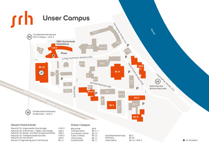 Kampuskartenübersicht der SRH Hochschule Heidelberg mit Gebäuden, Parkplätzen und wichtigen Einrichtungen.
