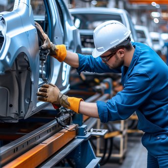 Ein Arbeiter in einem blauen Overall und Helm montiert Teile an einem Autokarosserie in einer Produktionshalle.