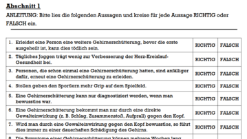 Ein Fragebogen über Gehirnerschütterungen mit Anweisungen zur Beantwortung von Aussagen. Die Teilnehmer sollen angeben, ob die Aussagen richtig oder falsch sind.