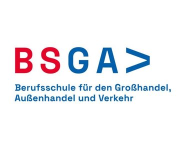 Logo der BSGA, Berufsschule für den Großhandel, Außenhandel und Verkehr, mit den Buchstaben BSGA in rot und blau.