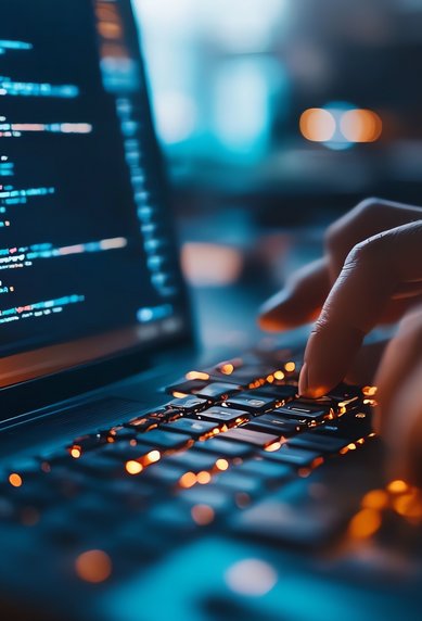 A hand is typing on a laptop keyboard while the screen displays lines of code in various colors.