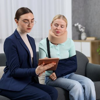 Eine Frau in einem Anzug zeigt einer anderen Frau mit Halskrause und Armverband etwas auf einem Tablet, während sie auf einem Sofa sitzen.