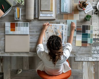 Eine Person sitzt an einem Tisch, umgeben von verschiedenen Farbmustern und Materialien, während sie an einem kreativen Projekt arbeitet. Der Tisch ist ordentlich und gut organisiert.