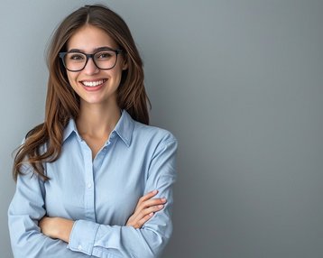 Eine junge Frau mit langen, braunen Haaren trägt eine hellblaue Bluse und eine Brille. Sie steht mit verschränkten Armen vor einer grauen Wand und lächelt freundlich.