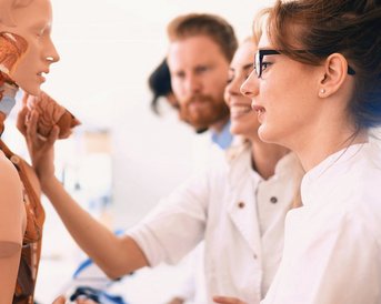 Eine Gruppe von Personen untersucht ein anatomisches Modell. Sie zeigen auf verschiedene Teile des Modells und diskutieren darüber. Im Hintergrund sind Regale mit medizinischen Materialien zu sehen.