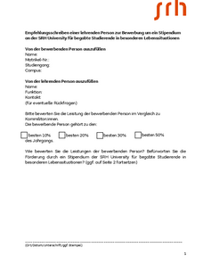 Empfehlungsschreiben für ein Stipendium an der SRH University, mit Feldern zur Bewertung der Leistungen des Bewerbers durch eine lehrende Person.