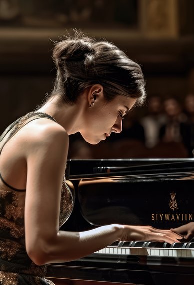 A pianist is playing intently at a piano on stage, while the audience sits in the background.