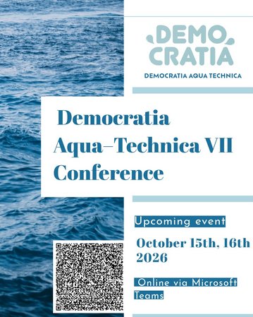 Democratia Aqua-Technica VII Konferenz, 15.-16. Oktober 2026, online über Microsoft Teams. Fokus auf nachhaltiges Wassermanagement.